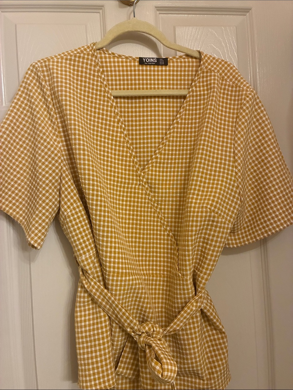 YOINS Mustard Gingham Wrap Blouse